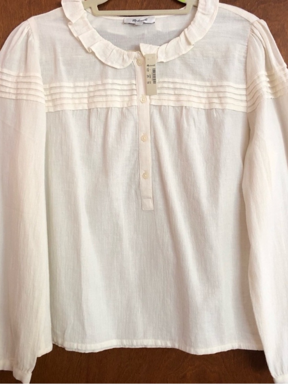 Madewell Cream Ruffle-Neck Pintuck Long-Sleeve Top